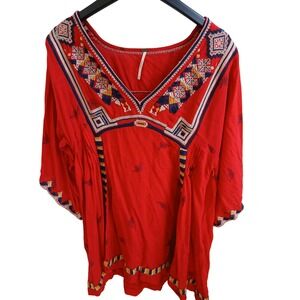 Free‎ People Red Embroidered V Neck Bell Sleeve Tunic Top mini dress Size S
